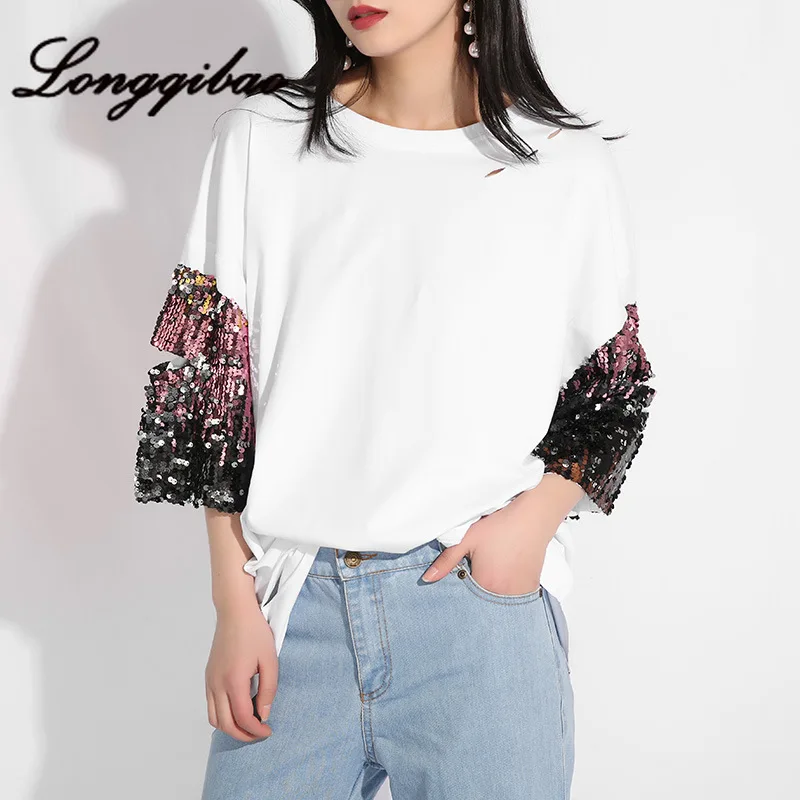 Longqibao футболка с короткими рукавами и блестками женская летняя новая Корейская версия свободной тонкой рубашки с длинным разрезом