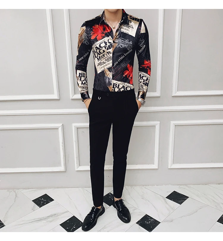 Бархатная рубашка с принтом Camisa Hanber2019 осень и зима новая мужская Клубная рубашка тонкая с длинными рукавами Мужская модная повседневная рубашка для выпускного вечера