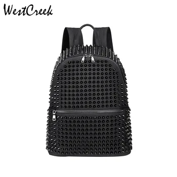 

WESTCREEK Brand Fashion Female Women Backpack Rivet Black Canvas Schoolbags For Girls Punk Cool Bags Travel Zipper Bookbag