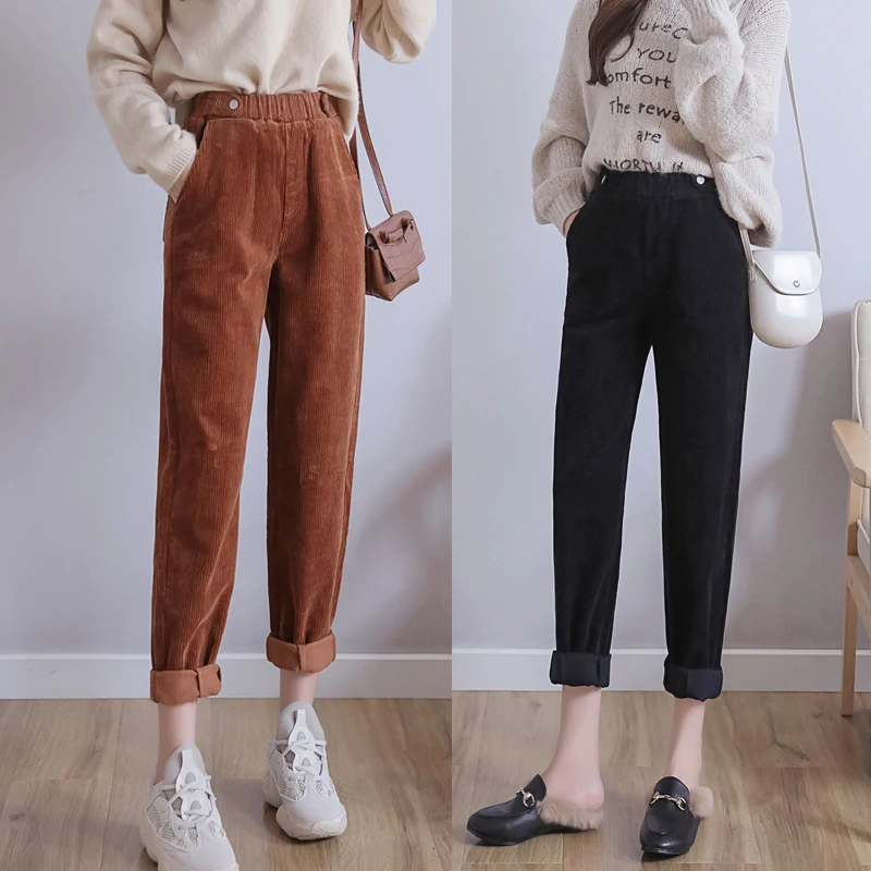 Репа штаны осень-зима женские вельветовые штаны-шаровары брюки размера плюс Для женщин с эластичной резинкой на талии, Винтаж брюки карманов большой Размеры XL-5XL