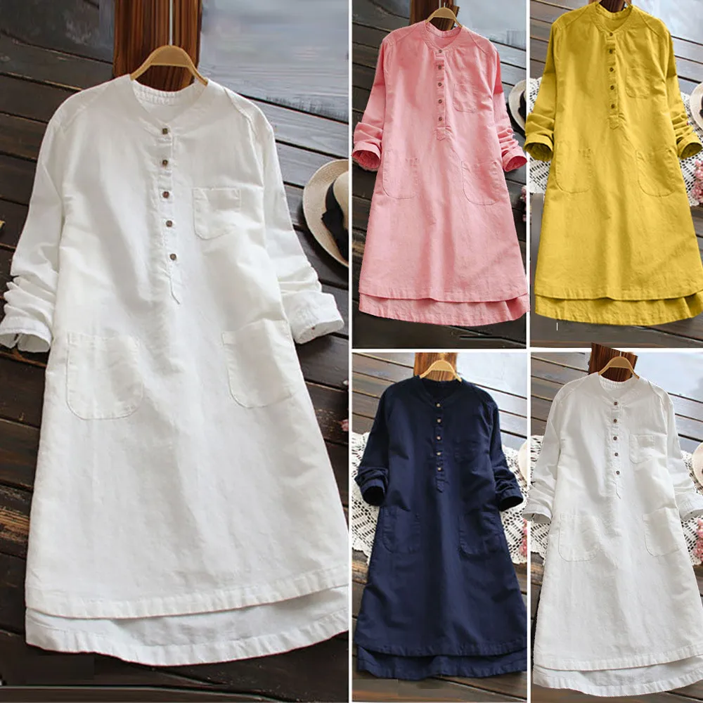 Womens Solid Full Sleeve O-Neck Summer Cotton Linen Maxi Dress Long Sleeve Casual Boho Kaftan Tunic Gypsy Ethnic S-5XL