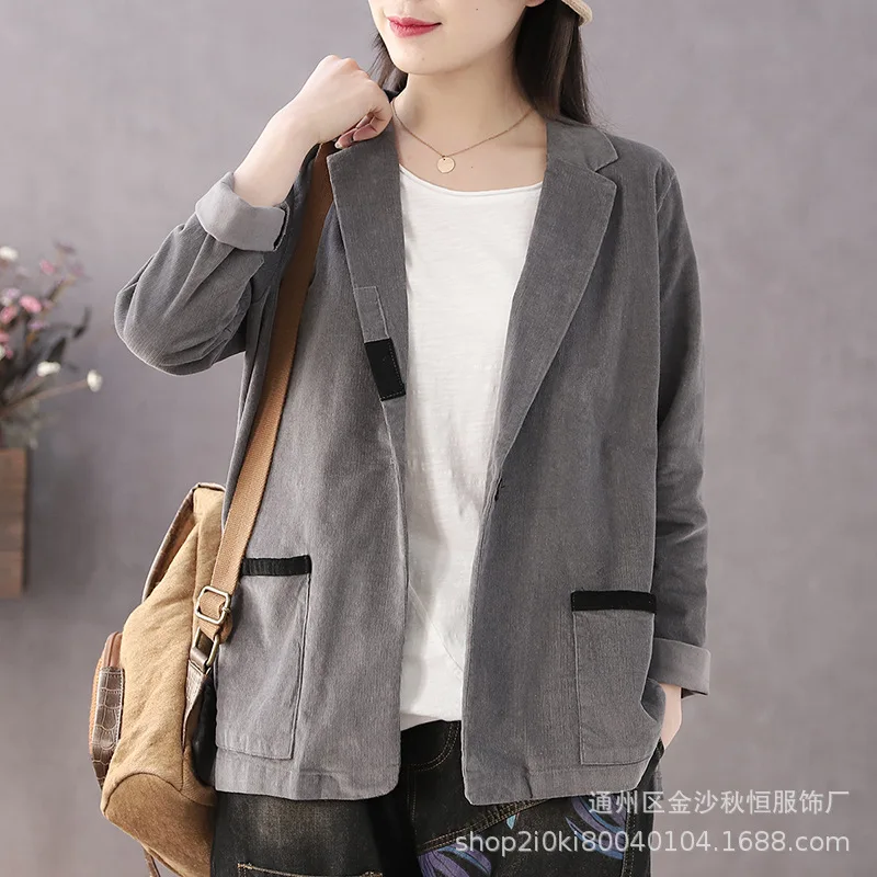 

Literature And Art Autumn New Style Corduroy Coat Women's Short Retro Versatile One-Button Suit Tops