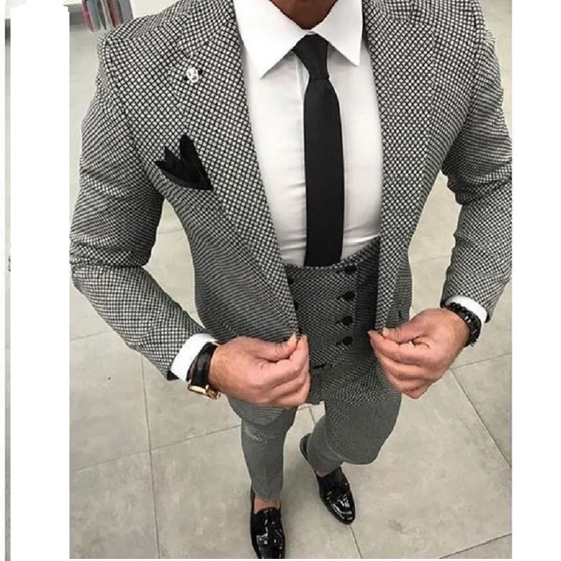 suit-28 Tailor Made Black White checkered Wedding Suit For Men Slim Fit Formal Groom Prom Blazer 3 Piece Tuxedo Fashion Jacket Man Terno