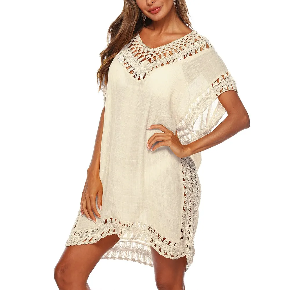 bathing suit and cover up set 2022 Sexy Women Loose Beach Dress Tunic Solid Bikini Cover UP Swimsuit Beachwear Swimwear Hollow Out Beach Dress Robe De Plage bathing suit dress cover ups