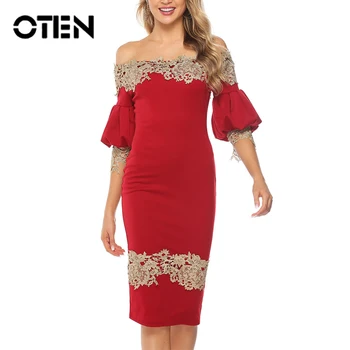 

OTEN Red Party Dress Women Bodycon Slim Sexy Off Shoulder Half Sleeves 2019 Autumn Patchwork Elegant Toast Femme Robe Midi Split
