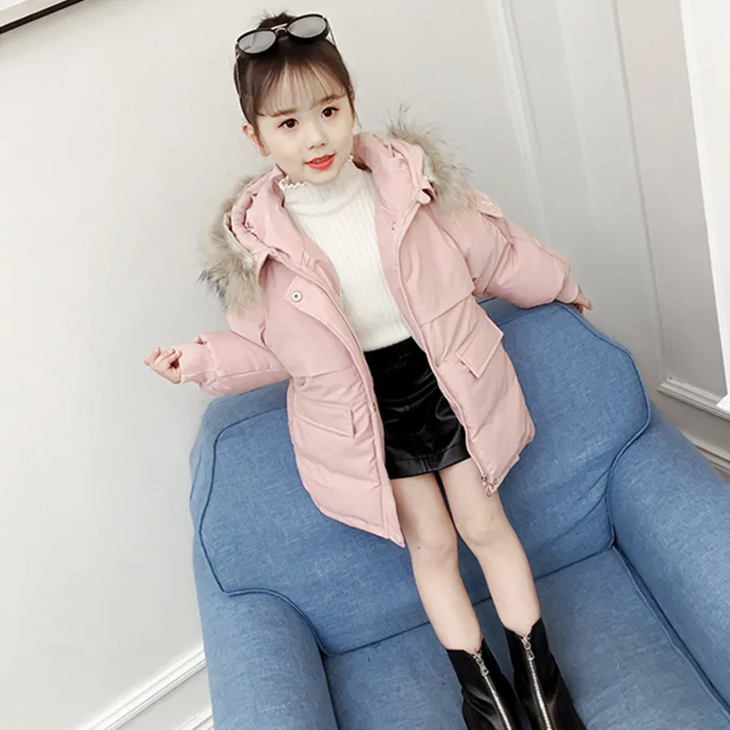 Pink Коллекция года, зимняя парка высокого качества для девочек-подростков длинное теплое пальто с капюшоном и меховым воротником и вышитым буквенным принтом на подкладке из хлопка Одежда для детей возрастом от 3 до 12 лет - Цвет: Pink
