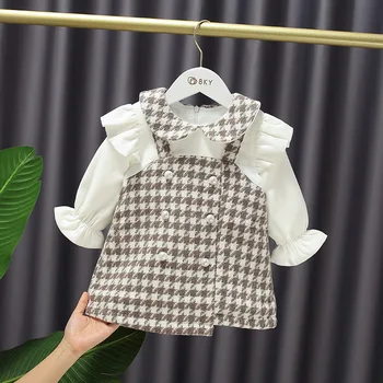 

Winter New Girls' Plaid Kafuu A- Line Dress Princess Dress Ruffled Collar Western Style Woolen Above Knee, Mini Cotton Patchwork