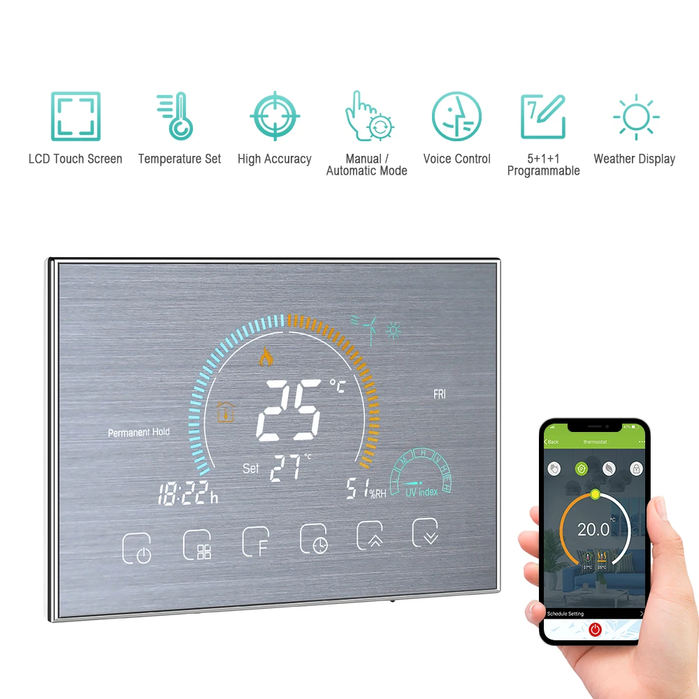 Irishom Draadloze thermostaat voor gasboiler, digitale thermostaat, programmeerbaar lcd-display met touchscreen met achtergrondverlichting, spraakbediening, chronothermostaat BHT-6000-GC