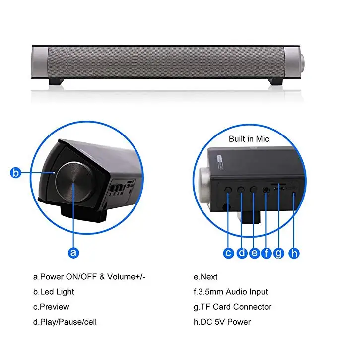 Bluetooth Саундбар портативный Саундбар беспроводные колонки для домашнего кинотеатра объемный звук со встроенными сабвуферами для ТВ/ПК/телефона