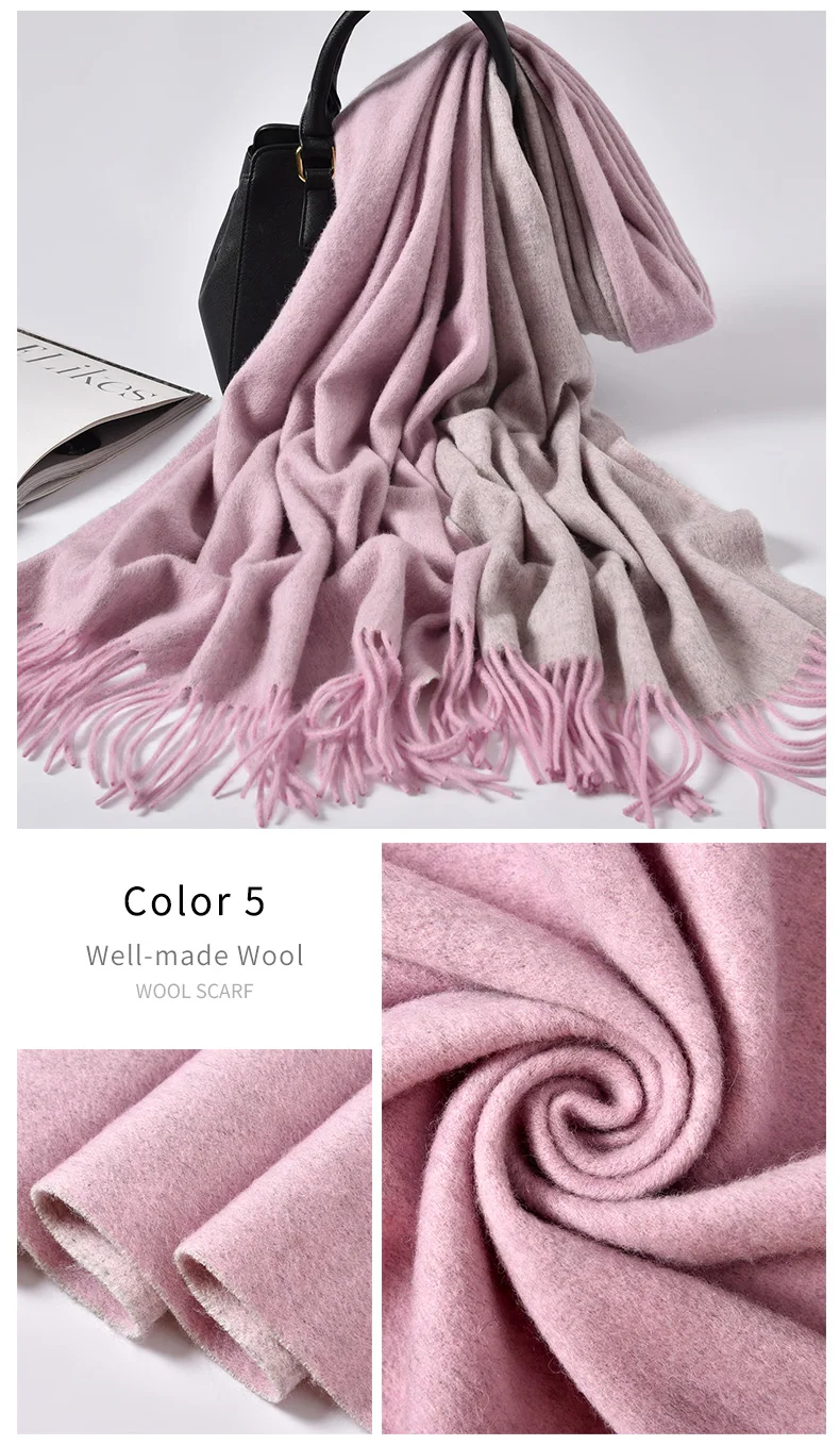 Женский чистый шерстяной шарф розовый двусторонний брендовые Теплые шали и обертывания для дам Твердые Warps зимние шерстяные шарфы
