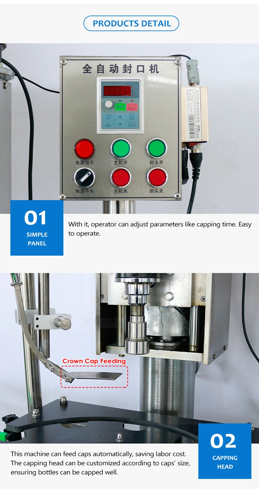 ZONESUN ZS-XG440E Automatic Beer Bottle Crown Cap Capping Machine with Cap Feeder