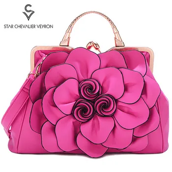 

2019 Women Leather Handbag Rose Multicolor Flower Shoulder Bag Ladies Handbag Fashion Casual Luxury Bag Metal Frame Totes Clutch