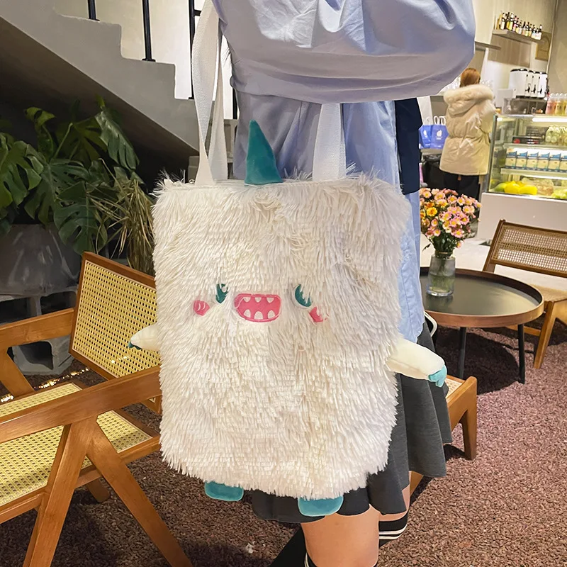 Women new Japanese cute funny plush handbag personality embroidery little monster plush girl student shoulder bag female bag