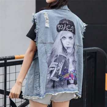 

Women Denim Vest Autumn Hole Printed Jeans Jacket Casual Outerwear Cardigans Casaco Female Plus Size 2126