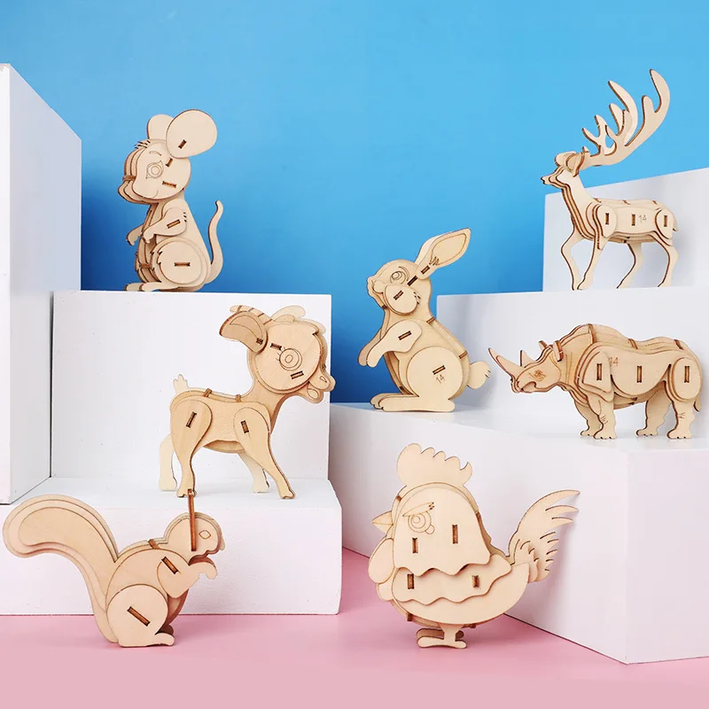 DIY 3D Animal Puzzle Creative Handmade Wooden Puzzles Toys for Children Adult Model Intellectual Education Deer Monkey Jigsaw