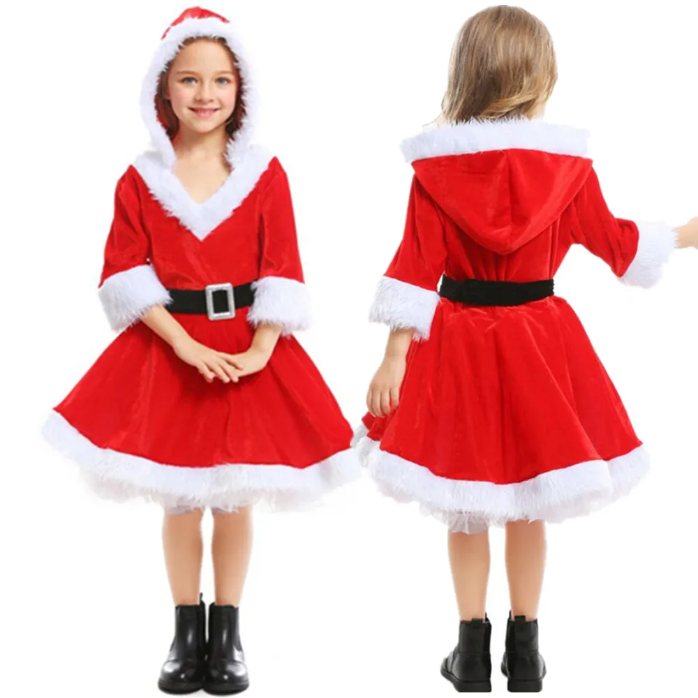 

105cm-155cm Christmas Velvet Kids Girls Red Santa Claus Costume Fancy Hoodies Dress Christmas Party Xmas Cosplay Clothes