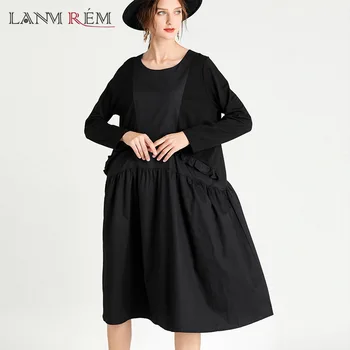 

LANMREM round-neck Fashion splicing autumn / winter 2020 new loose large medium length Pullover A-line dress for women 2A1496