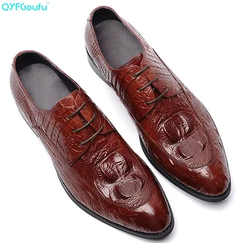 

QYFCIOUFU 2019 Mens Crocodile Shoes Classic Man Genuine Cow Leather Oxfords Dress Shoes Business Formal Gents Suit Wedding Shoes