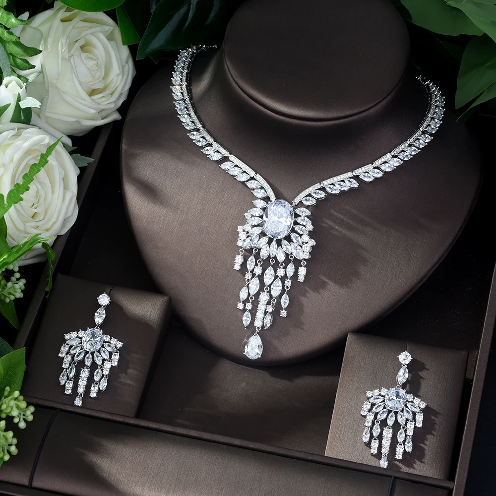 

HIBRIDE Luxury Marquise Cut Cubic Zirconia Jewelry Sets For Women Bride Necklace Set Wedding Dress Accessories Wholesale N-393