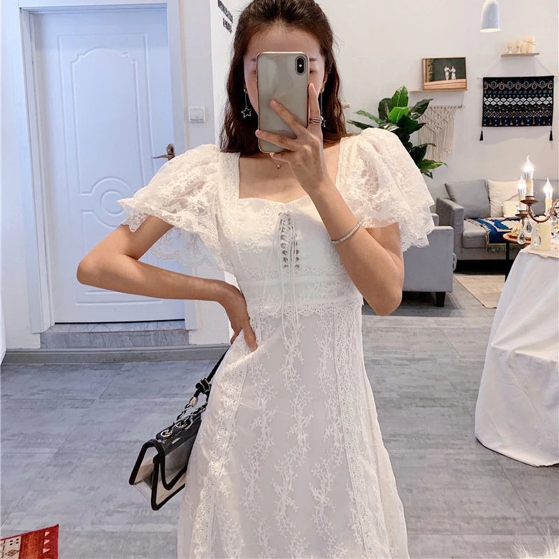 CHICEVER Embroidery Lace Patchwork Womens Dress Square Collar High Waist Short Sleeves Bandage Evening Party Dress Female