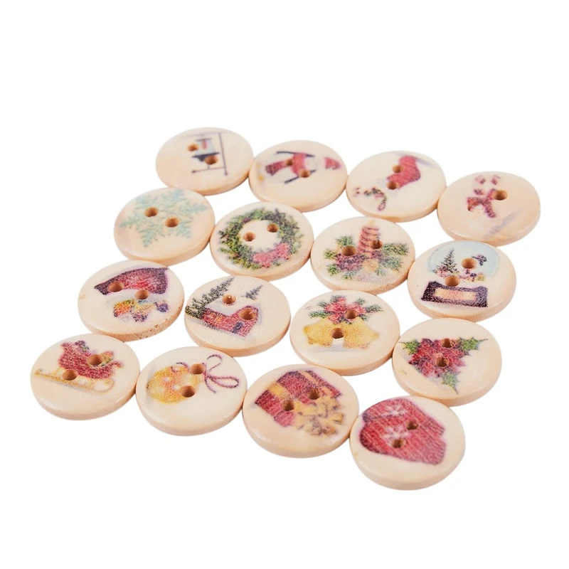 100pcs Christmas 2 Hole Painted Scrapbooking Sewing Wood Buttons 15mm( 5/8 Inch