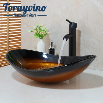 

Torayvino oval hand painting Tempering Glass Wash Basin Bathroom ORB tap Sink Combo Set+Chrome Pop Up Sink Drain Faucet Set