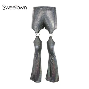 

Sweetown Cut Out Slim Sexy Two Piece Set Reflective Crop Top And Flare Pants Set Party Rave Clothes For Women Tracksuit Outfits