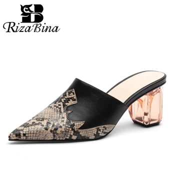 

RIZABINA Plus Size 34-45 Snakeskin Pattern Women Sandals Patchwork Shoes Women Square Heel Slippers Party Daily Ladies Footwear