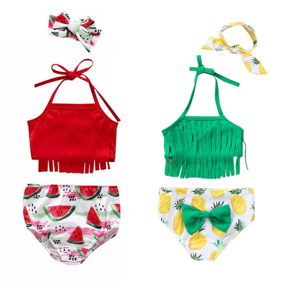 

3 Pcs Baby Girls Halter Tassel Swimwear Cute Bow Swimsuit Infant Girls Beach Bikini Set Ruffles Swimsuits Summer Bath Swimwear
