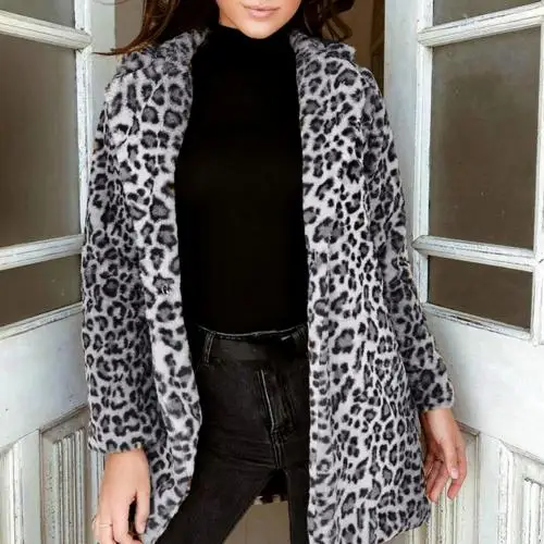 Модный женский осенне-зимний сексуальный леопардовый плюшевый кардиган с отворотным воротником, облегающее пальто, Женское зимнее длинное шерстяное пальто с леопардовым принтом - Цвет: Grey