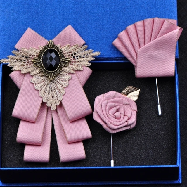 British New Fashion Men's Wedding Performance Groom Wedding-Party Flower Collar Bow Tie Pocket Towel Square Set Men Accessories Pink Set