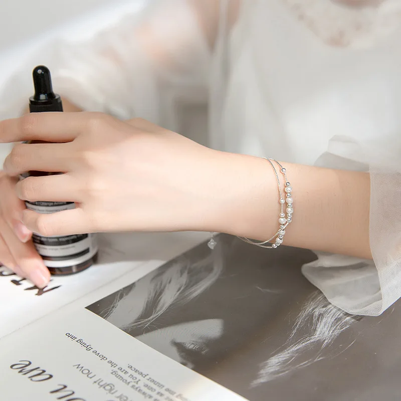 Женский браслет для девушек, два слоя линий, настоящее 925 пробы, серебряные бусины, бусины для предотвращения аллергии, Стерлинговое серебро, ювелирные изделия