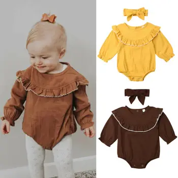 

CANIS Newborn Kids Baby Girl Clothes Autumn Long Sleeve Ruffles Solid Color Romper Lovely Headband Basic Outfits Sets