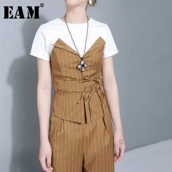 

[EAM] 2020 Spring Summer Fashion Trend New Yellow Striped Spliced Bandage Waist Vest Woman Tank Tops Tide All-match Y2