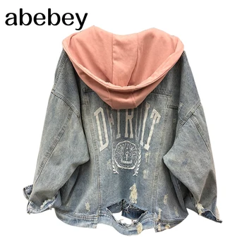 

Denim Jacket Women Autumn Coat Ripped Hooded Outerwear Coats Windbreaker Basic Baggy Boyfriend Female Jeans Jacket