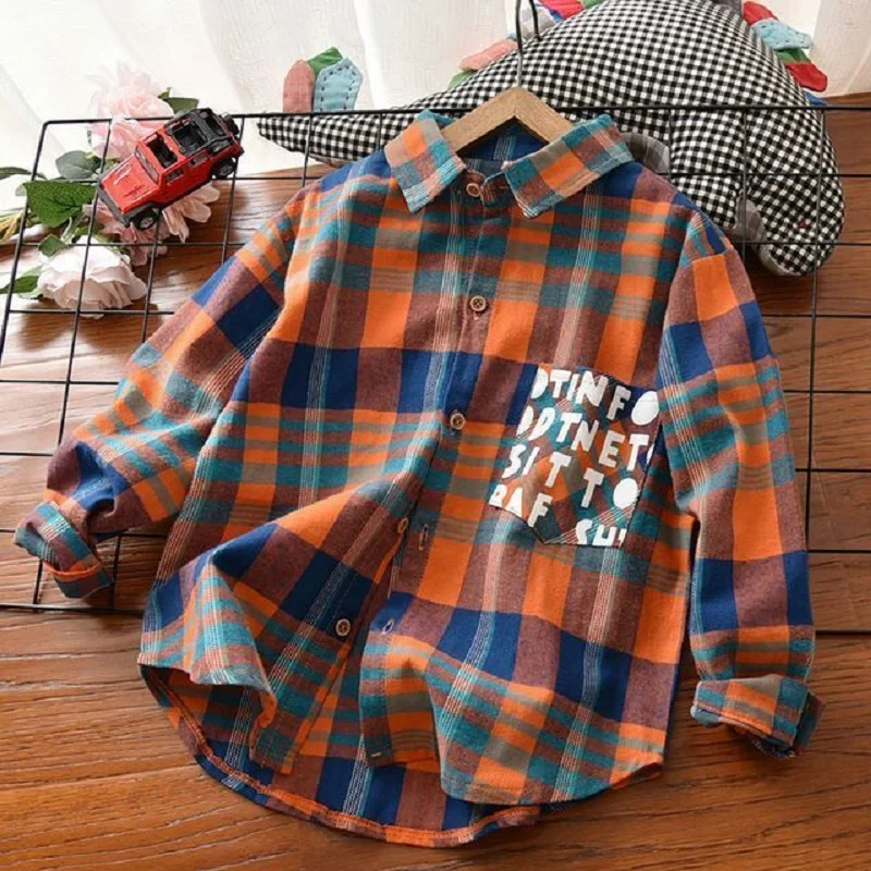 Boys' shirt Spring and autumn Style boys' plaid lapel long-Sleeve plaid Shirt Boys' letter Shirt Casual wear