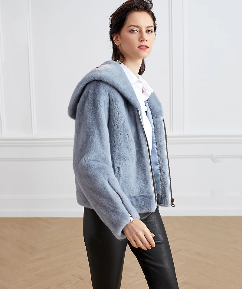 Ftangaiur Winter Import Velvet Mink Coat Print Flower Sailor Suit Style Mink Coat Women's Short Real Natural Mink Fur Coats
