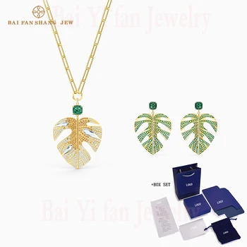 

Fashion SWA New TROPICAL LEAF Set Golden Gradient Elegant Tropical Leaf Decoration Crystal Set Female Romantic Jewelry Gift