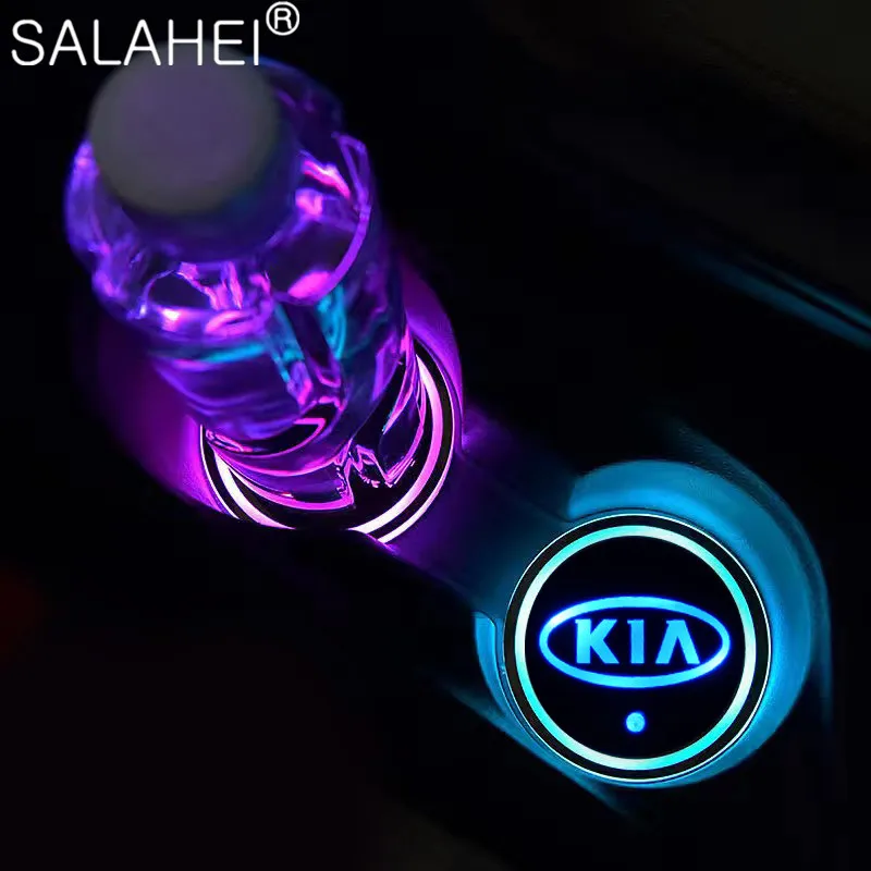 2x Led Car Logo Cup Holder Pads Rgb Changing Usb Charging Coasters For