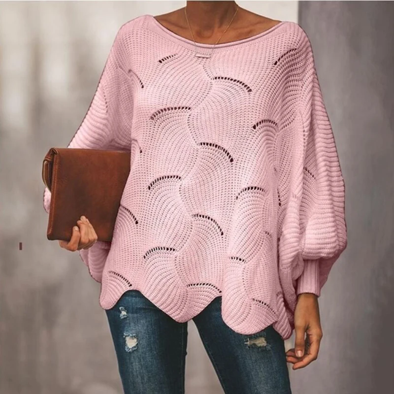 Модная женская Повседневная блузка, джемпер, свитер, женский, с полым крючком, цветок, свободный, вязаный, летучая мышь, рубашка, Топ