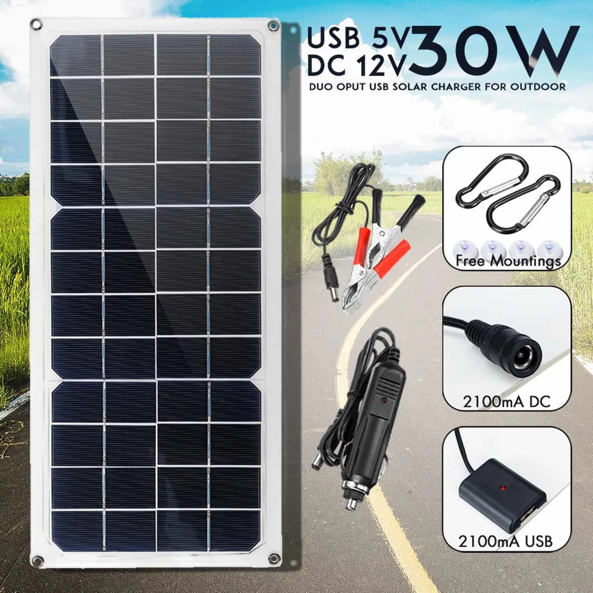 30W Solar Panel 12V Monocrystalline USB Power Portable Outdoor Cell Car Ship Camping Hiking Travel Phone Charger | Электроника