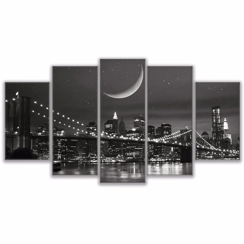 Холст HD печатает фотографии рамки 5 шт. черный, белый цвет Бруклинский мост город ночной вид Картины дома стены Книги по искусству Декор Плакаты модульные картины картины плакат картина картины на стену