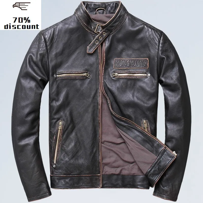 

2020 Vintage Black Men American Style Motorcycle Leather Jacket Plus Size XXXL Genuine Cowhide Slim Fit Biker's Leather Coat
