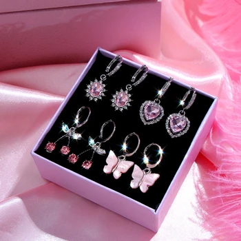 

JUST FEEL 4Pcs/set Shiny Heart Crystal Drop Earrings Female Fashion Multicolor Butterfly Cherry Earring Sets Statement Jewelry