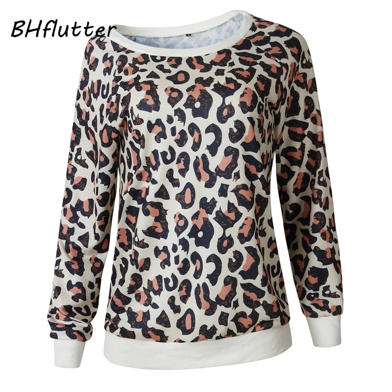 

BHflutter Sexy Leopard Print Sweatshirt Women Fashion Skew Collar Casual Pullovers Long Sleeve Autumn Winter Tracksuit Blusas
