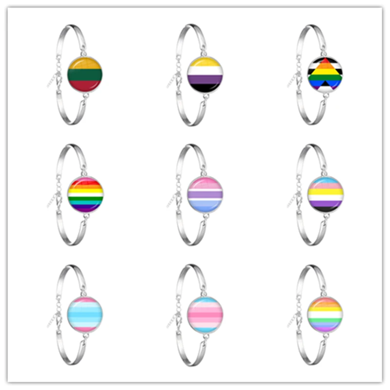 New Fashion Glass Cabochon Colorful Rainbow Flower Bracelet Crystal Chain Bangle Jewelry For Bisexual Lgbt Gay Pride Gift | Украшения и