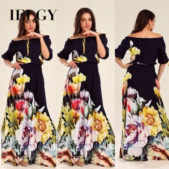 

IELGY New Women's Print Sleeveless Elastic Waist Five-Sleeve Long Dress