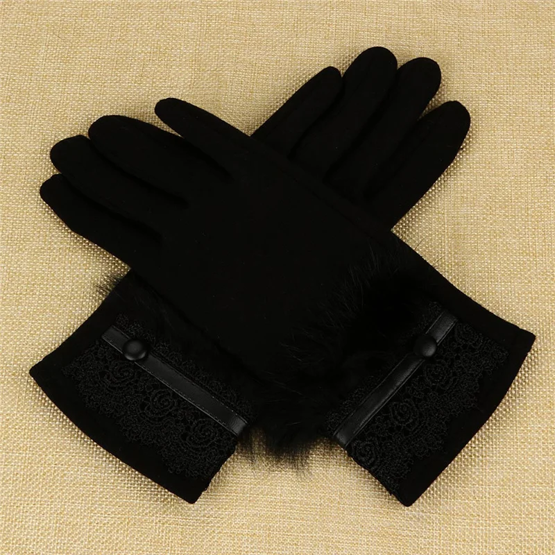 Women Woolen Gloves Winter Keep Warm Full Finger Glove Elegant Ladies Lace Thicken Cashmere Soft Mittens Female Lady