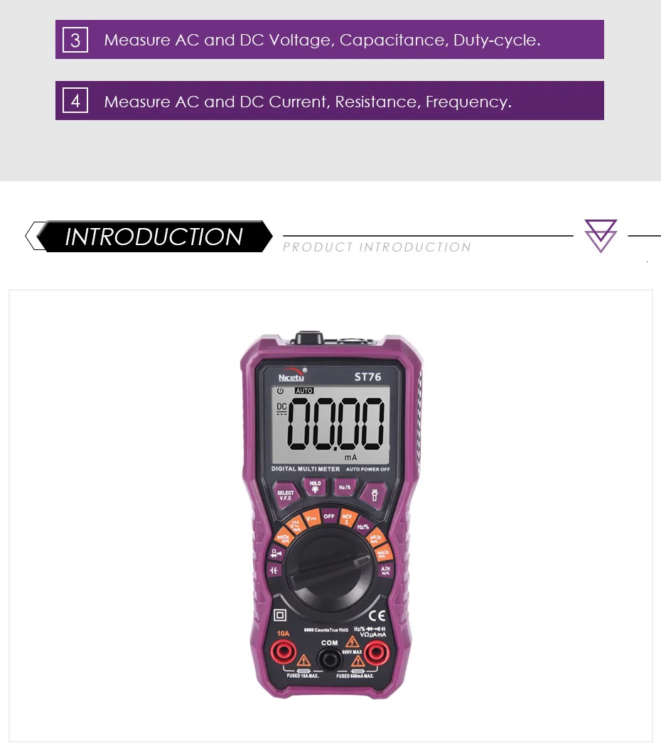 Хороший ST76 True RMS 6000 отсчетов DMM сопротивление емкость мультиметр 10A 600 в Автоматический диапазон Расширенный Цифровой мультиметр OD