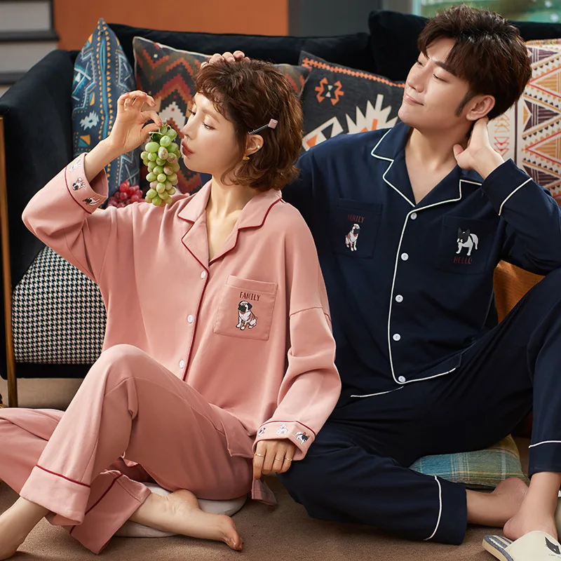 

KISBINI New Couple Pajamas Set Women and Men Cotton Autumn Spring Sleepwear Pink Navy Dog Design Long Sleeve Homewear Pyjamas